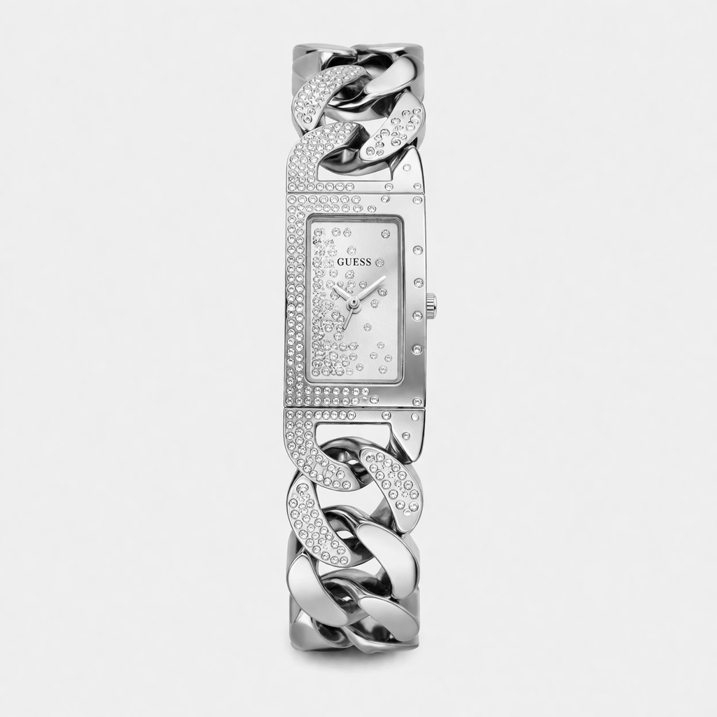 Guess Silver Chain Crystal Rectangular Watch