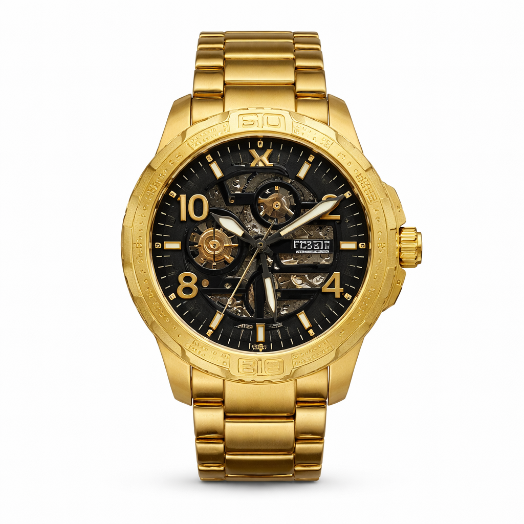 Luxury Gold Skeleton Dial Automatic Style Watch with Metal Strap