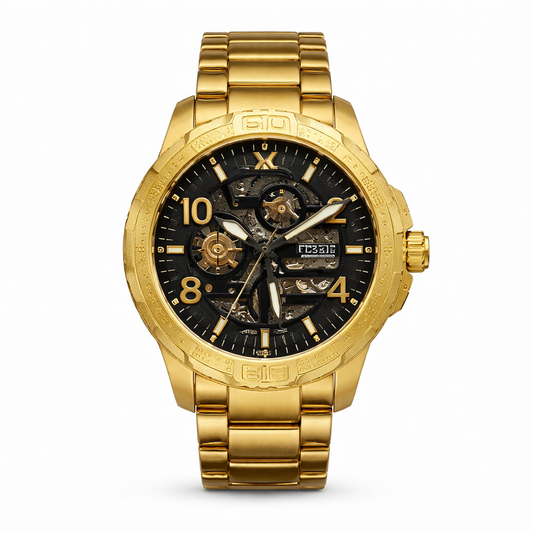 Luxury Gold Skeleton Dial Automatic Style Watch with Metal Strap