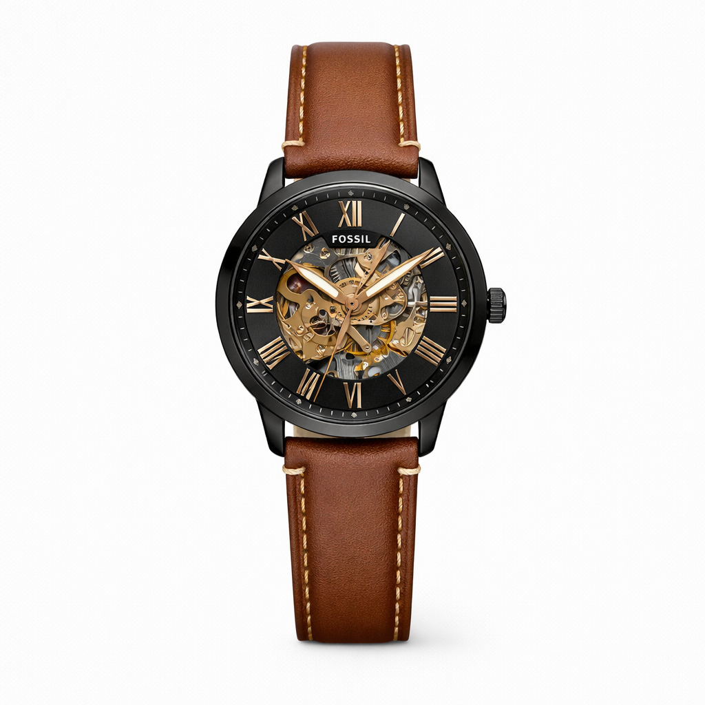 Fossil Brown Leather Skeleton Dial Analog Watch for Men