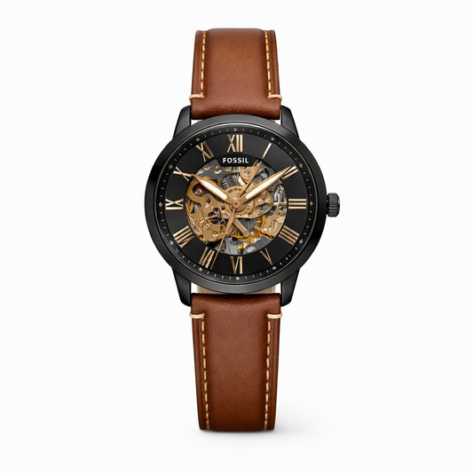 Fossil Brown Leather Skeleton Dial Analog Watch for Men