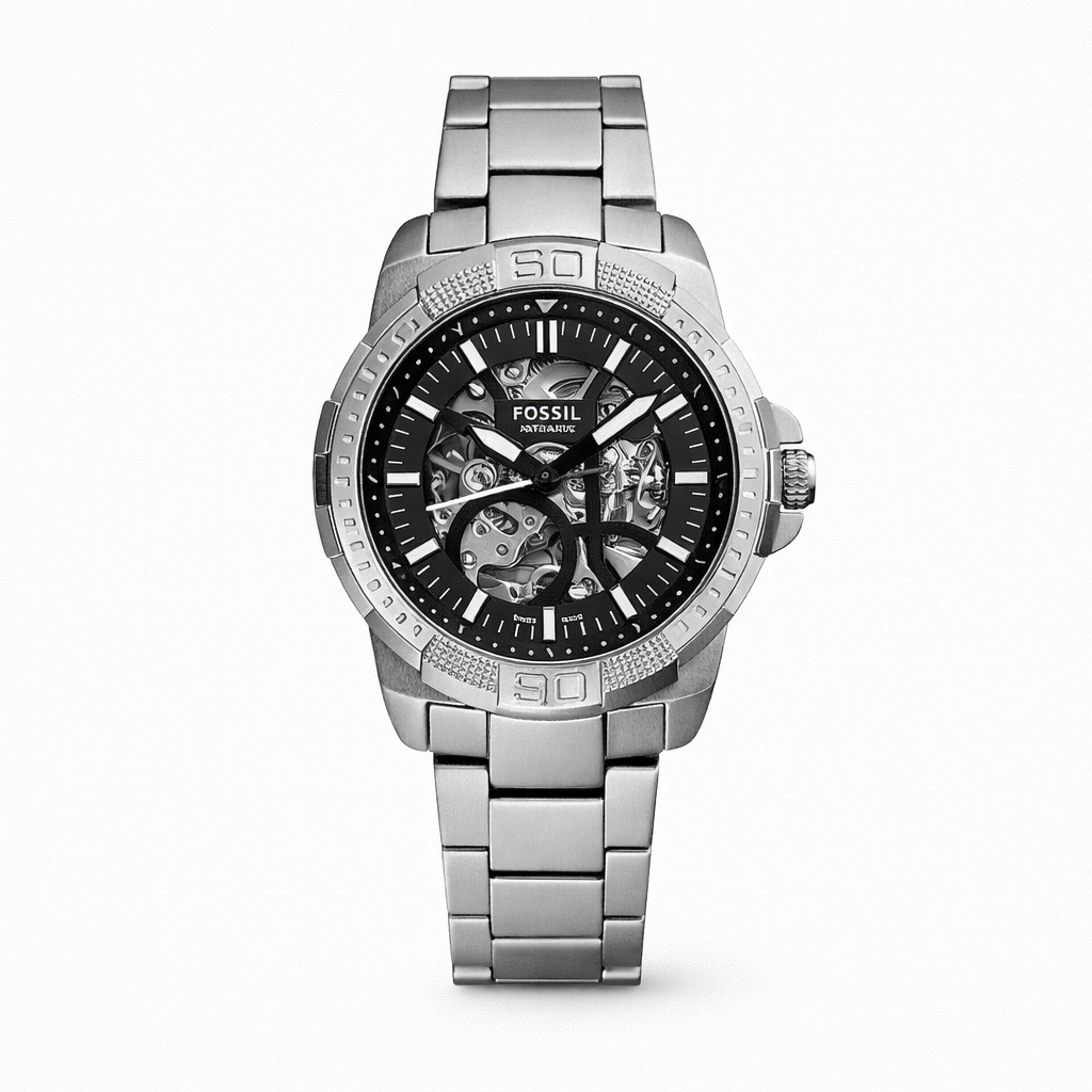 Fossil Silver Stainless Steel Skeleton Dial Analog Watch for Men