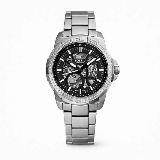 Fossil Silver Stainless Steel Skeleton Dial Analog Watch for Men