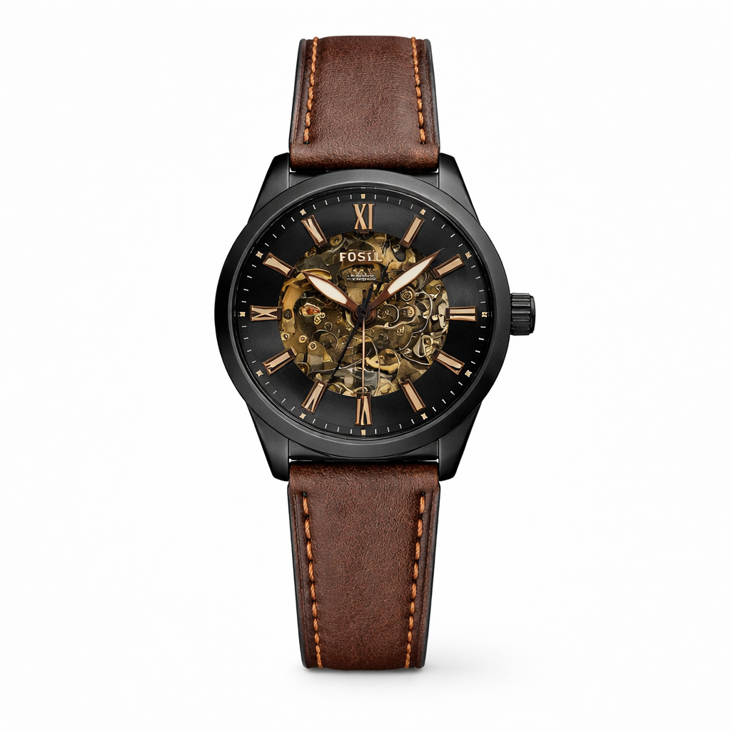 Fossil Black Case Brown Leather Skeleton Dial Analog Watch for Men
