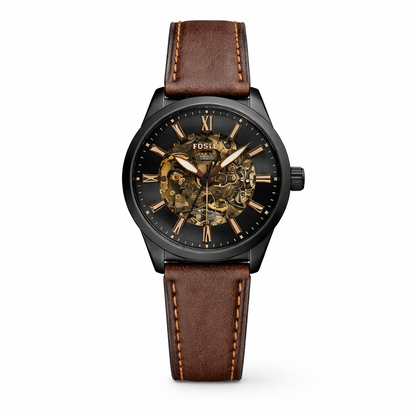 Fossil Black Case Brown Leather Skeleton Dial Analog Watch for Men