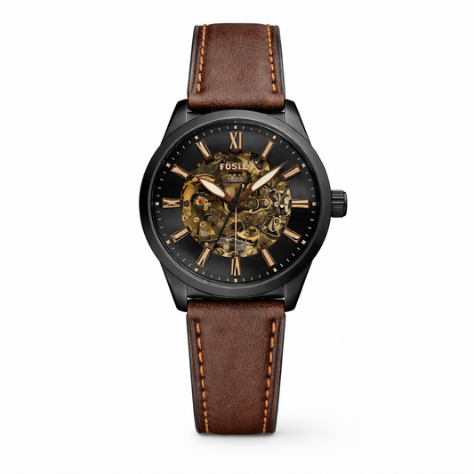 Fossil Black Case Brown Leather Skeleton Dial Analog Watch for Men
