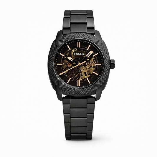 Fossil Black Textured Bezel Skeleton Dial Stainless Steel Watch for Men