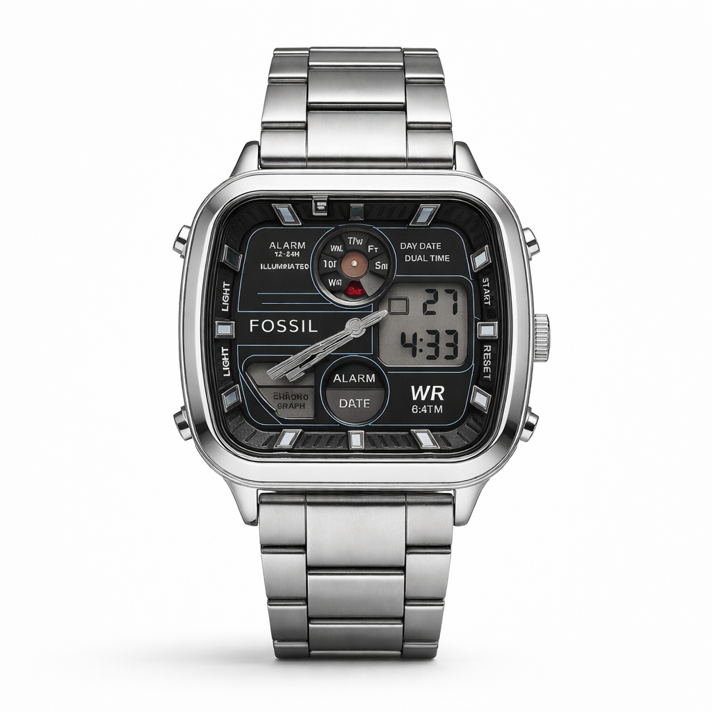 Fossil Digital Analog Square Dial Stainless Steel Watch for Men