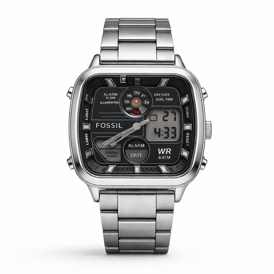 Fossil Digital Analog Square Dial Stainless Steel Watch for Men