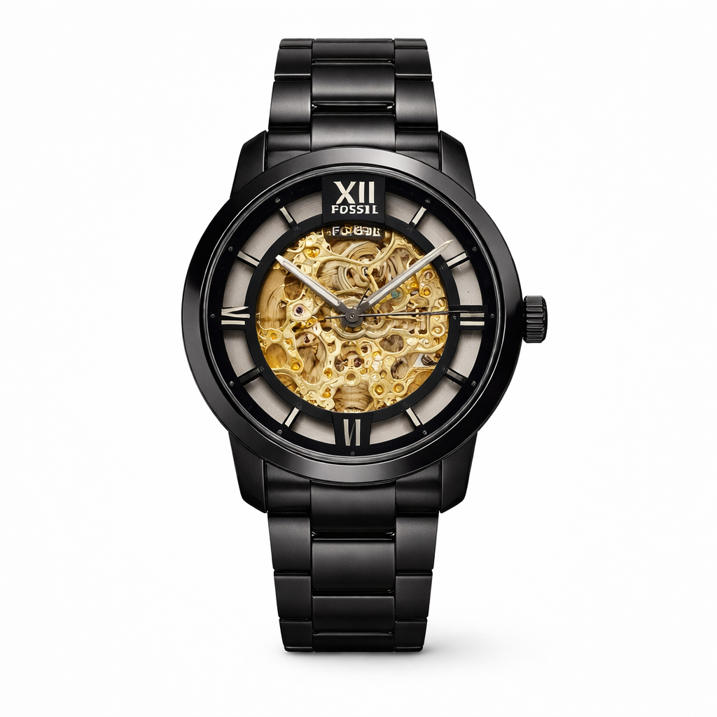 Fossil Black Stainless Steel Skeleton Dial Analog Watch for Men