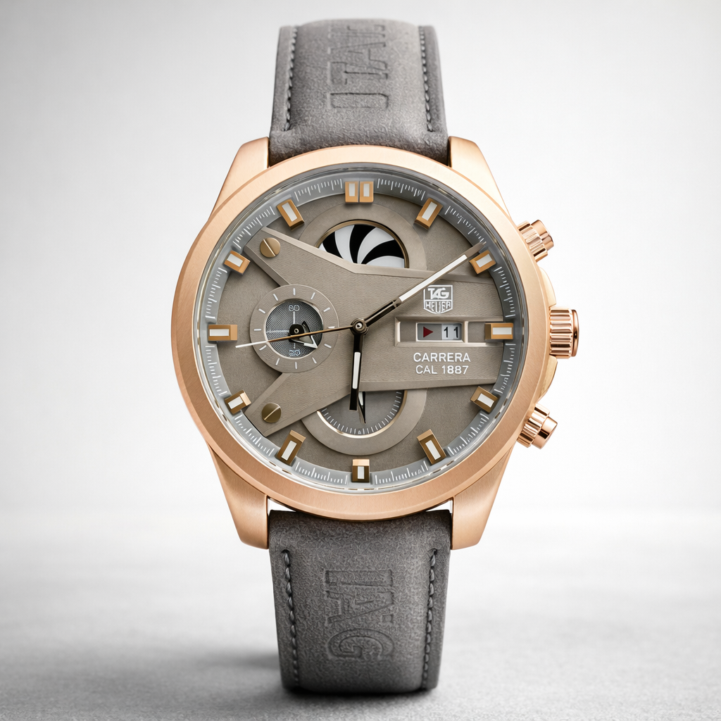 TAG Carrera Style Multi-Function Olive Dial Rose Gold Case Leather Strap Watch