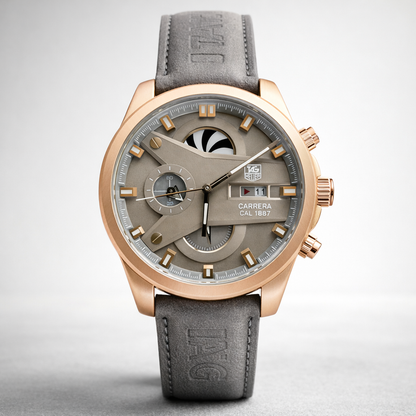 TAG Carrera Style Multi-Function Olive Dial Rose Gold Case Leather Strap Watch