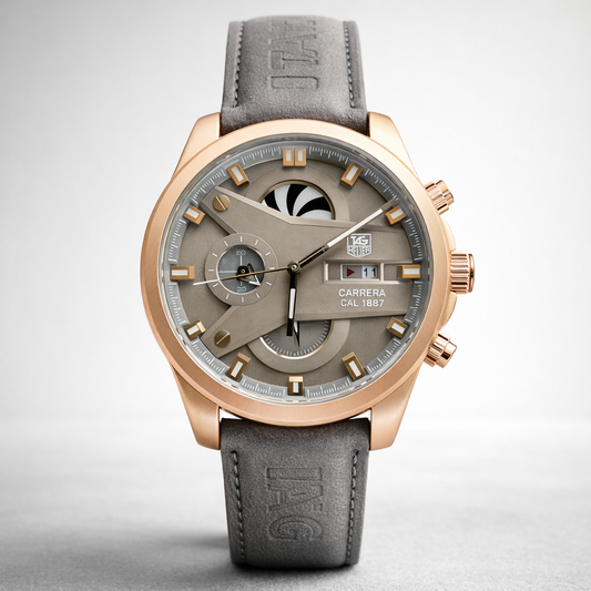 TAG Carrera Style Multi-Function Olive Dial Rose Gold Case Leather Strap Watch