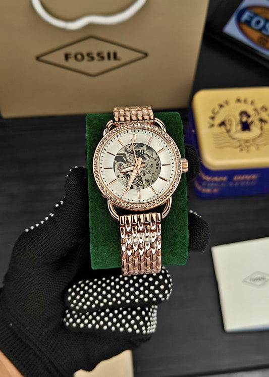 Fossil Gold Skeleton Dial Crystal Bezel Watch