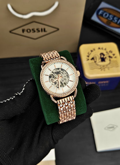 Fossil Gold Skeleton Dial Crystal Bezel Watch