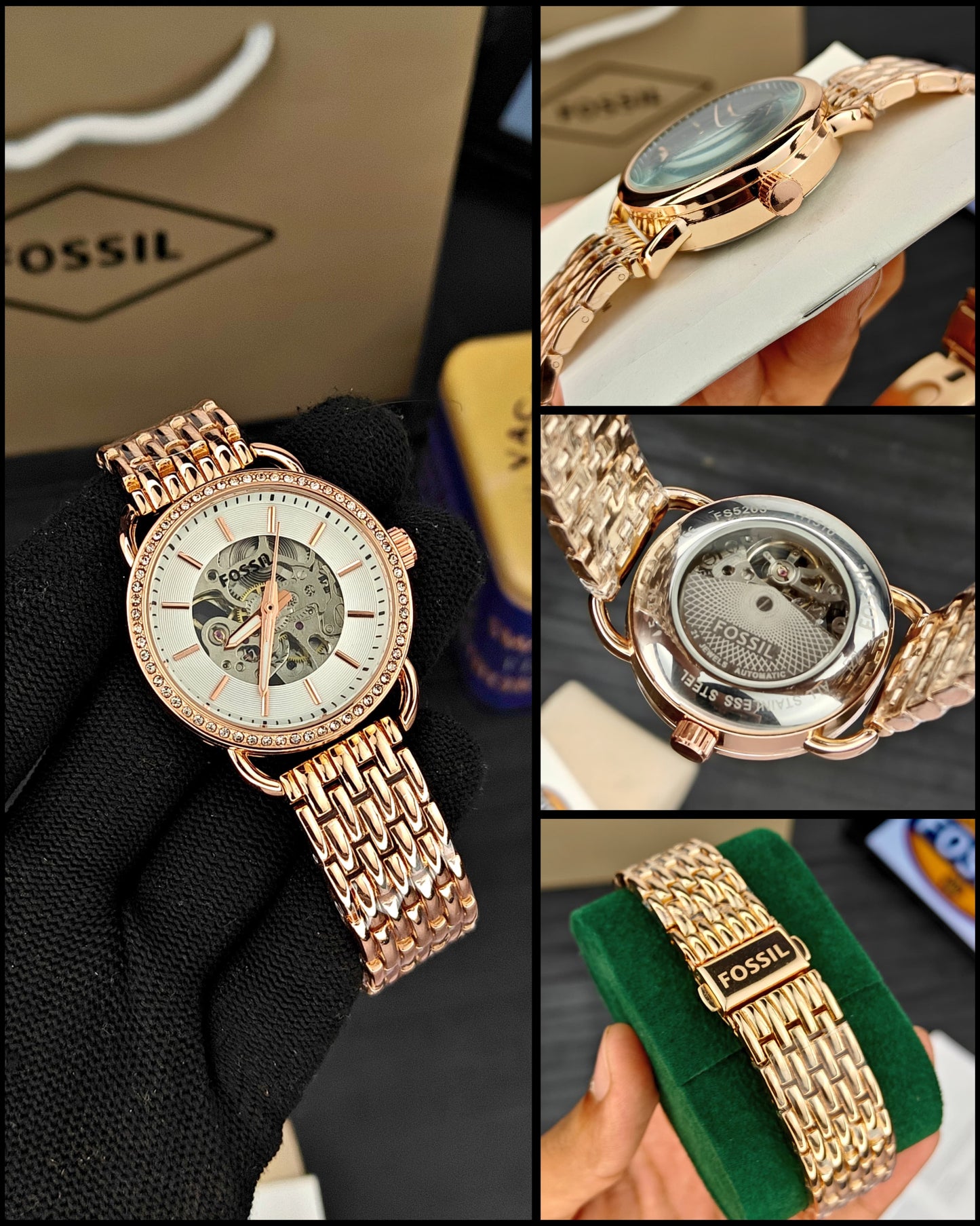 Fossil Gold Skeleton Dial Crystal Bezel Watch