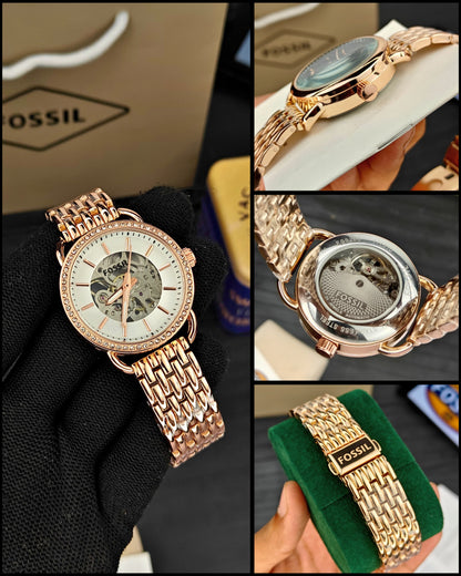 Fossil Gold Skeleton Dial Crystal Bezel Watch