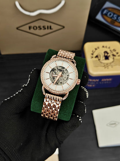 Fossil Gold Skeleton Dial Crystal Bezel Watch