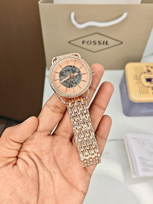 Fossil Two Tone Rose Gold Skeleton Dial Watch