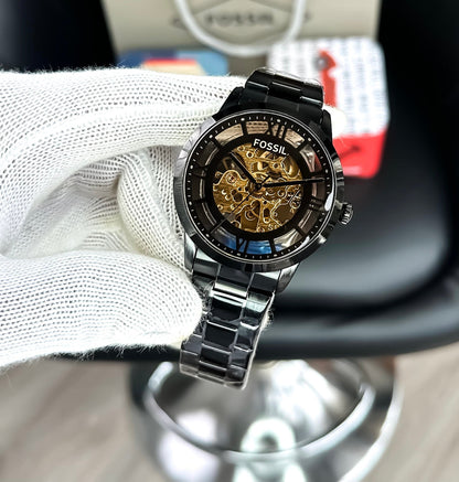 Fossil Black Stainless Steel Skeleton Dial Analog Watch for Men