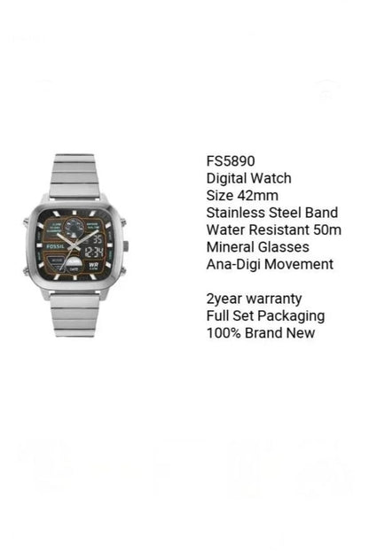 Fossil Digital Analog Square Dial Stainless Steel Watch for Men
