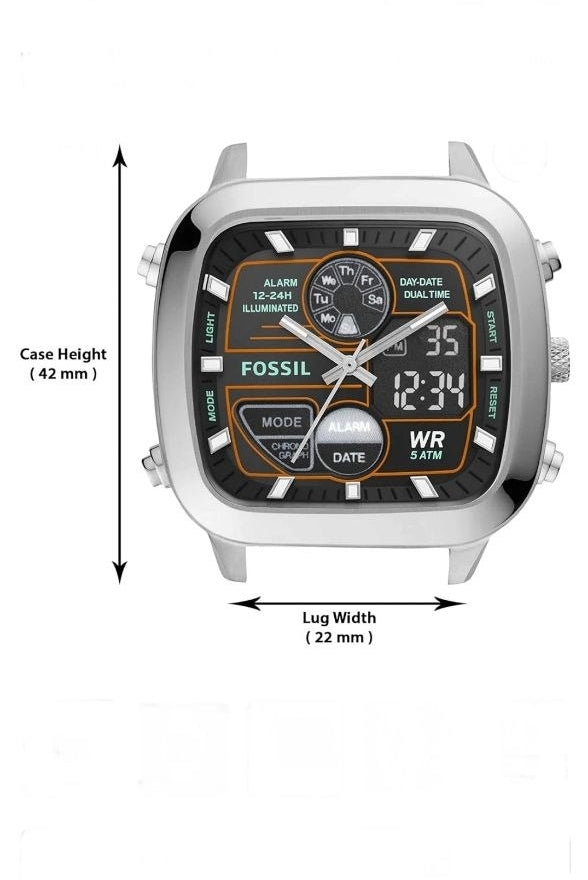 Fossil Digital Analog Square Dial Stainless Steel Watch for Men