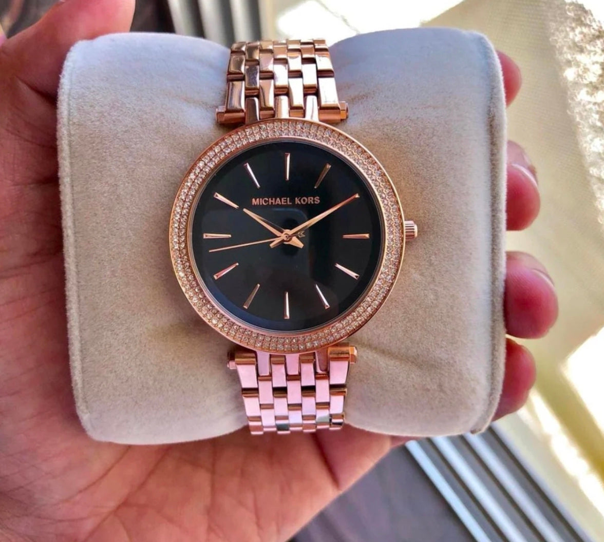Michael Kors Rose Darci Gold Black Dial Crystal Watch