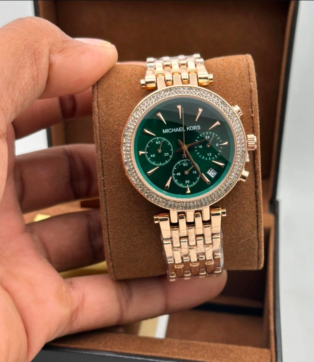 Michael Kors Green Dial Rose Gold Chronograph Watch