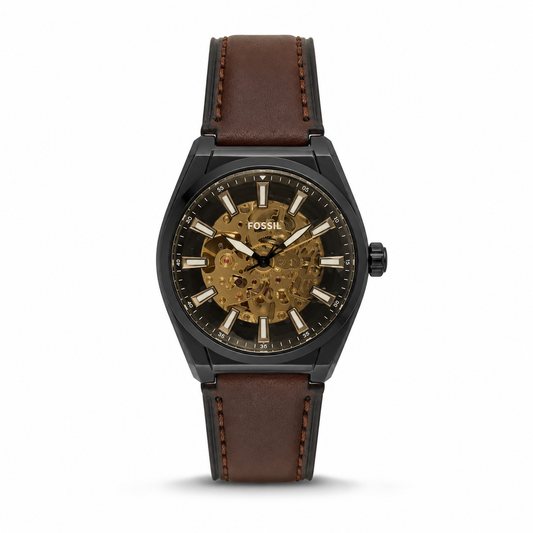 Fossil Black Case Brown Leather Skeleton Dial Analog Watch for Men