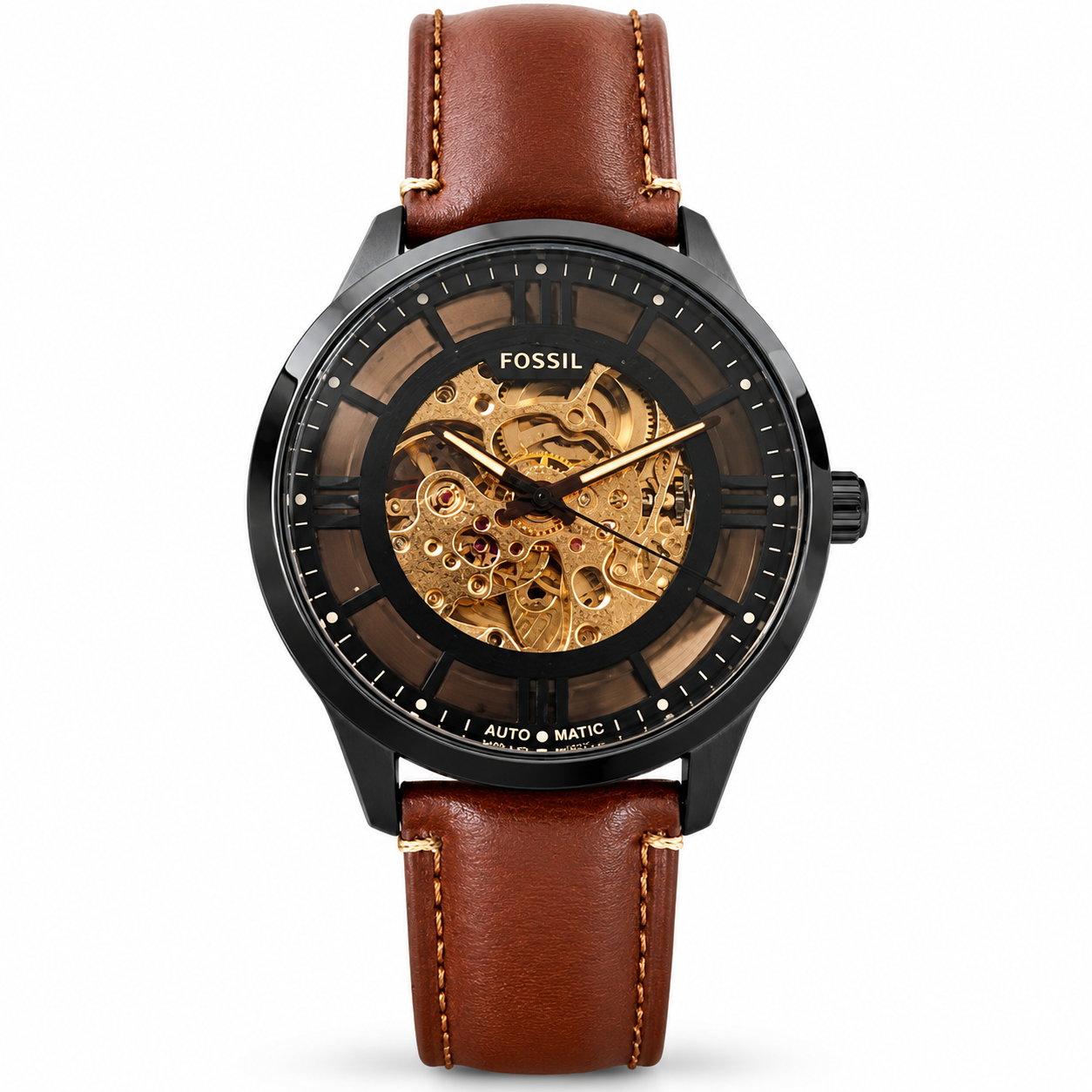 Fossil Brown Leather Skeleton Dial Analog Watch for Men