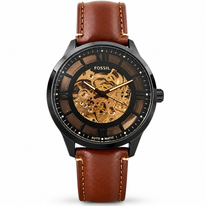 Fossil Brown Leather Skeleton Dial Analog Watch for Men