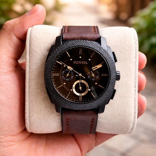 Fossil Brown Leather Multifunction Dial Black Case Watch for Men