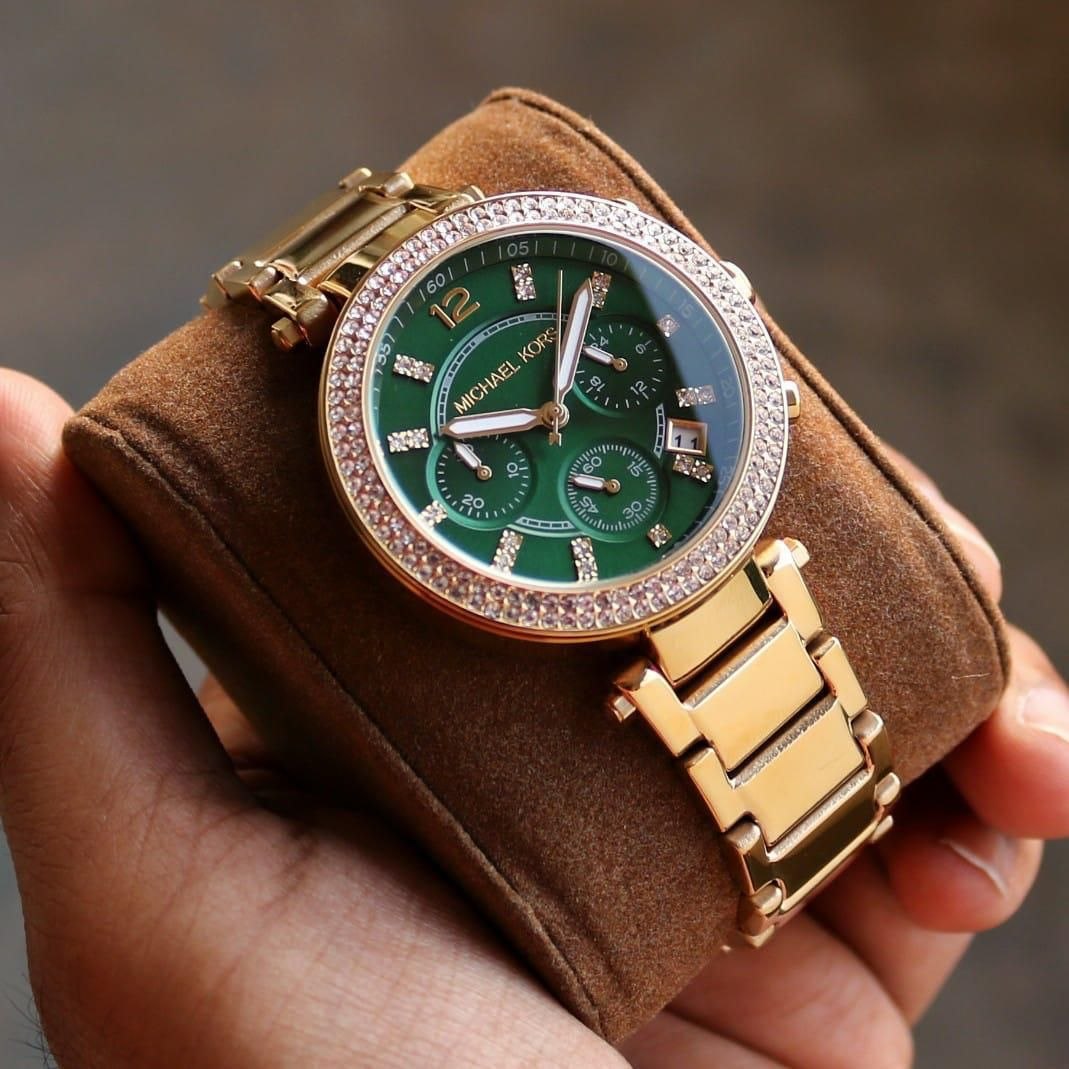 Michael Kors Parker  Green With Gold Strap Chronograph Watch