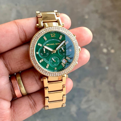 Michael Kors Parker  Green With Gold Strap Chronograph Watch