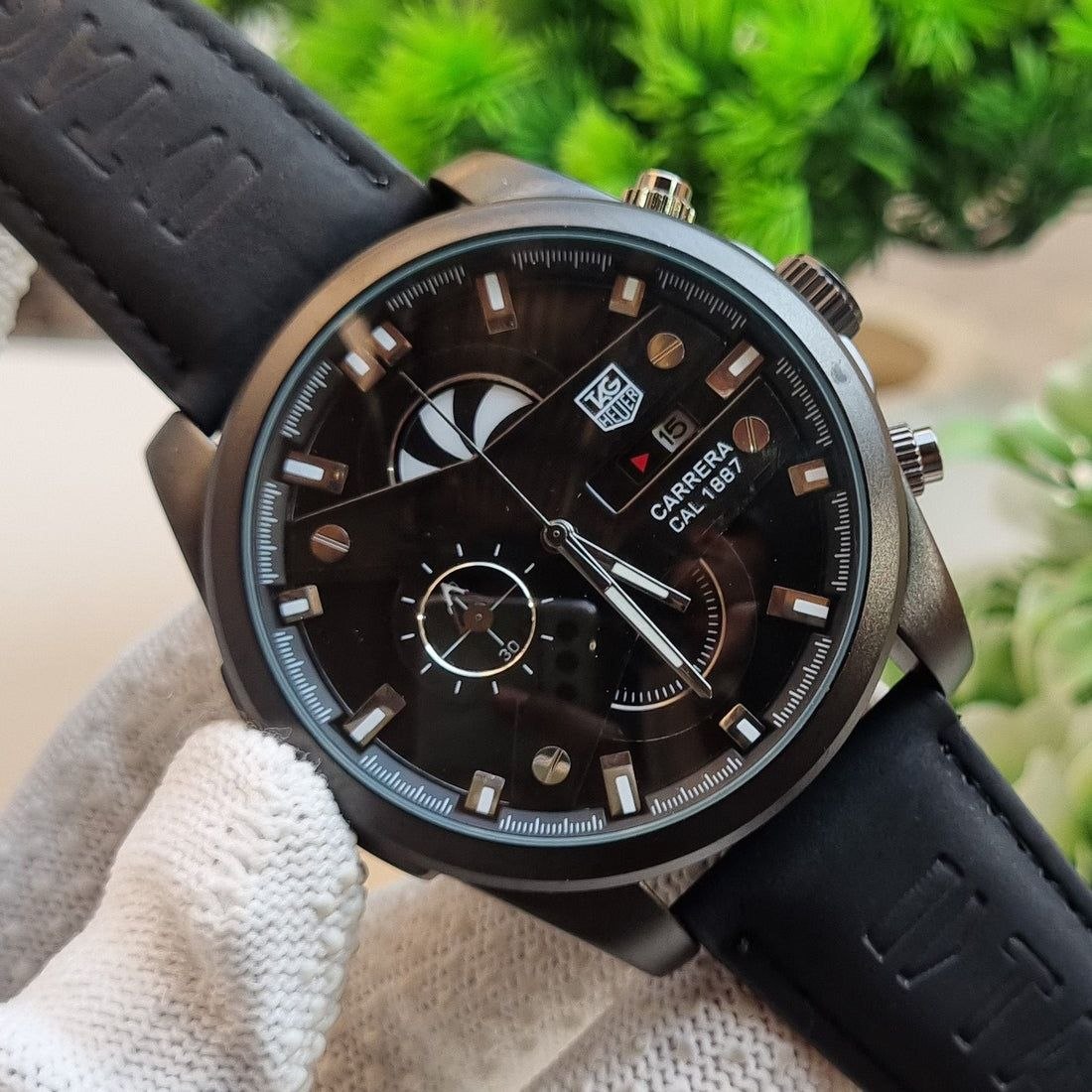 TAG Heuer CR7 Black Dial Black Leather Strap Chronograph Watch for Men