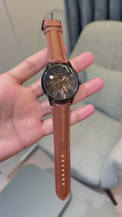 Fossil Brown Leather Skeleton Dial Analog Watch for Men