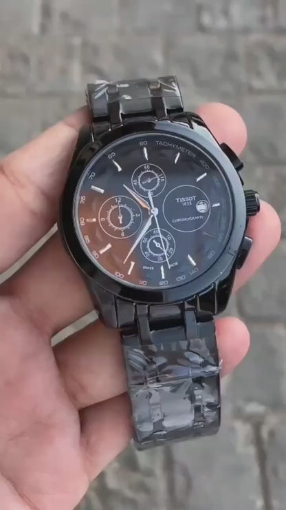 Tissot Style All-Black Chronograph Stainless Steel Bracelet Watch