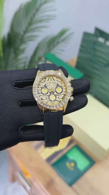 Rolex Daytona Skeleton Dial Yellow Gold Diamond Bezel Oysterflex Watch