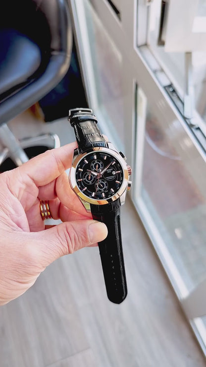 Tissot Style Black Dial Chronograph Rose Gold Bezel Leather Strap Watch