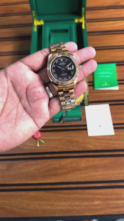 Rolex Datejust Black Dial Everose Gold President Bracelet Watch