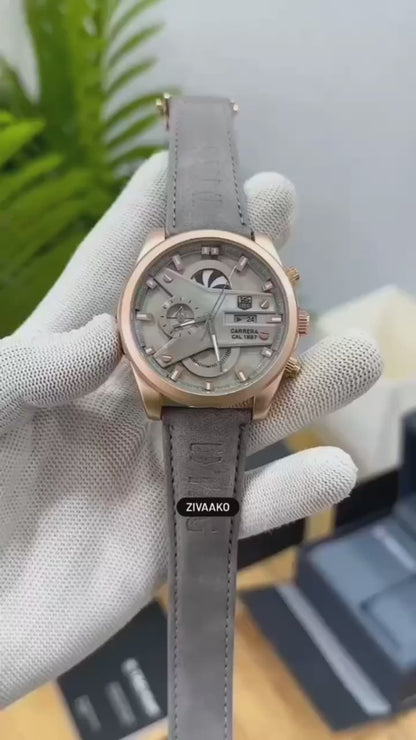 TAG Carrera Style Multi-Function Olive Dial Rose Gold Case Leather Strap Watch