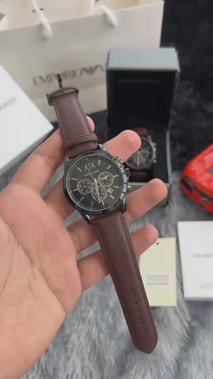 Armani Exchange Black Dial Chronograph Leather  Watch