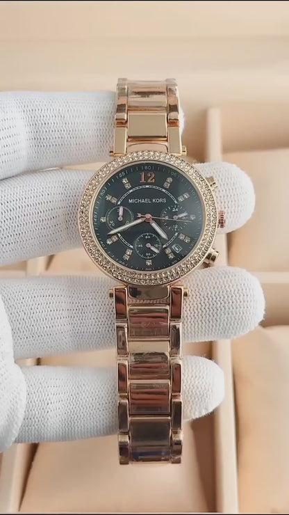 Michael Kors Rose Gold Black Dial Chronograph Watch
