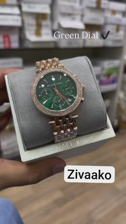 Michael Kors Green Dial Rose Gold Chronograph Watch