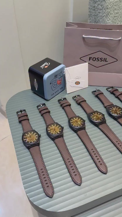 Fossil Black Case Brown Leather Skeleton Dial Analog Watch for Men