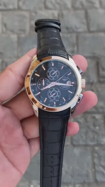 Tissot Style Black Dial Chronograph Rose Gold Bezel Leather Strap Watch