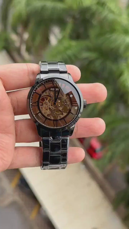 Fossil Black Stainless Steel Skeleton Dial Analog Watch for Men