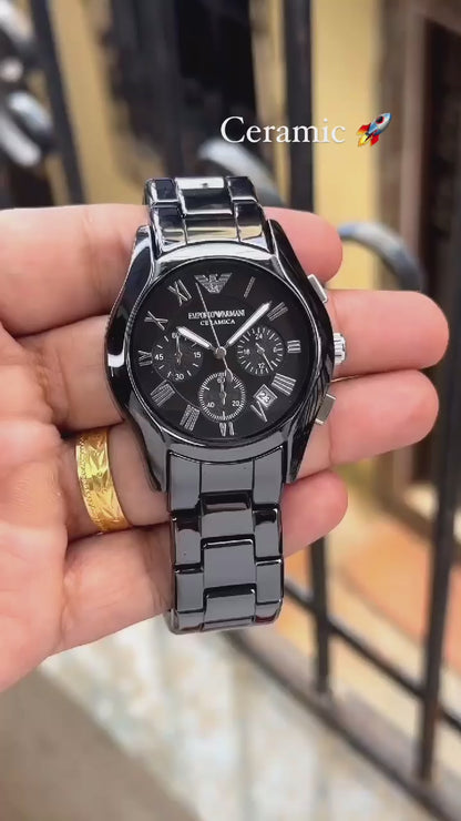 Emporio Armani Black Dial Chronograph Steel Watch