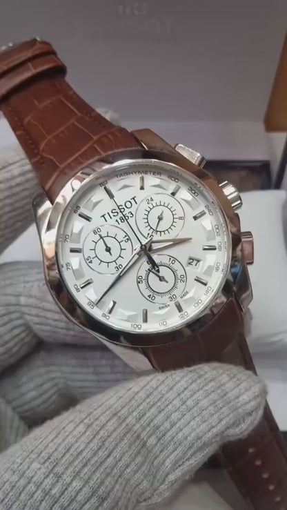 Tissot Style White Dial Chronograph Stainless Steel Brown Leather Strap Watch