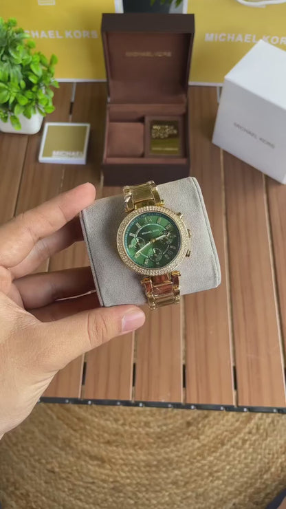 Michael Kors Parker  Green With Gold Strap Chronograph Watch